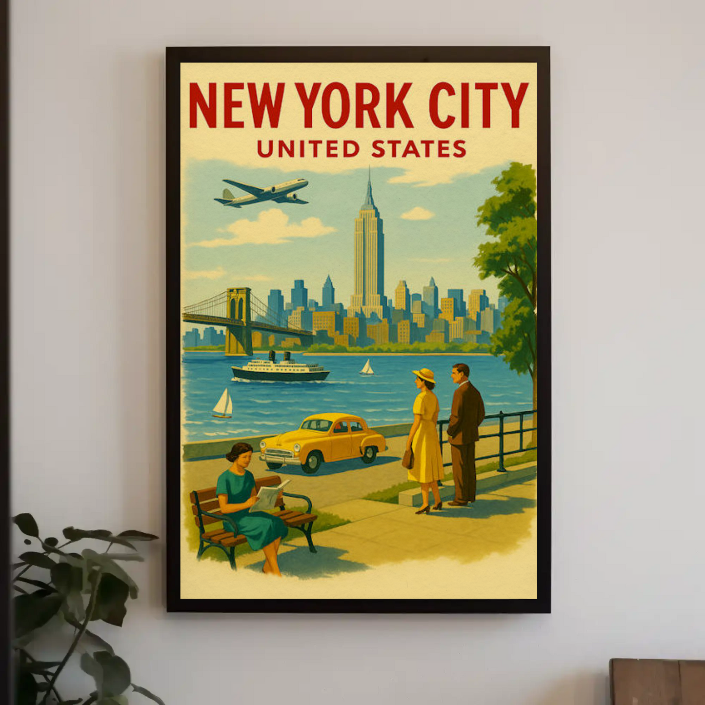 New York City 1950s Skyline Brooklyn Bridge Travel Poster