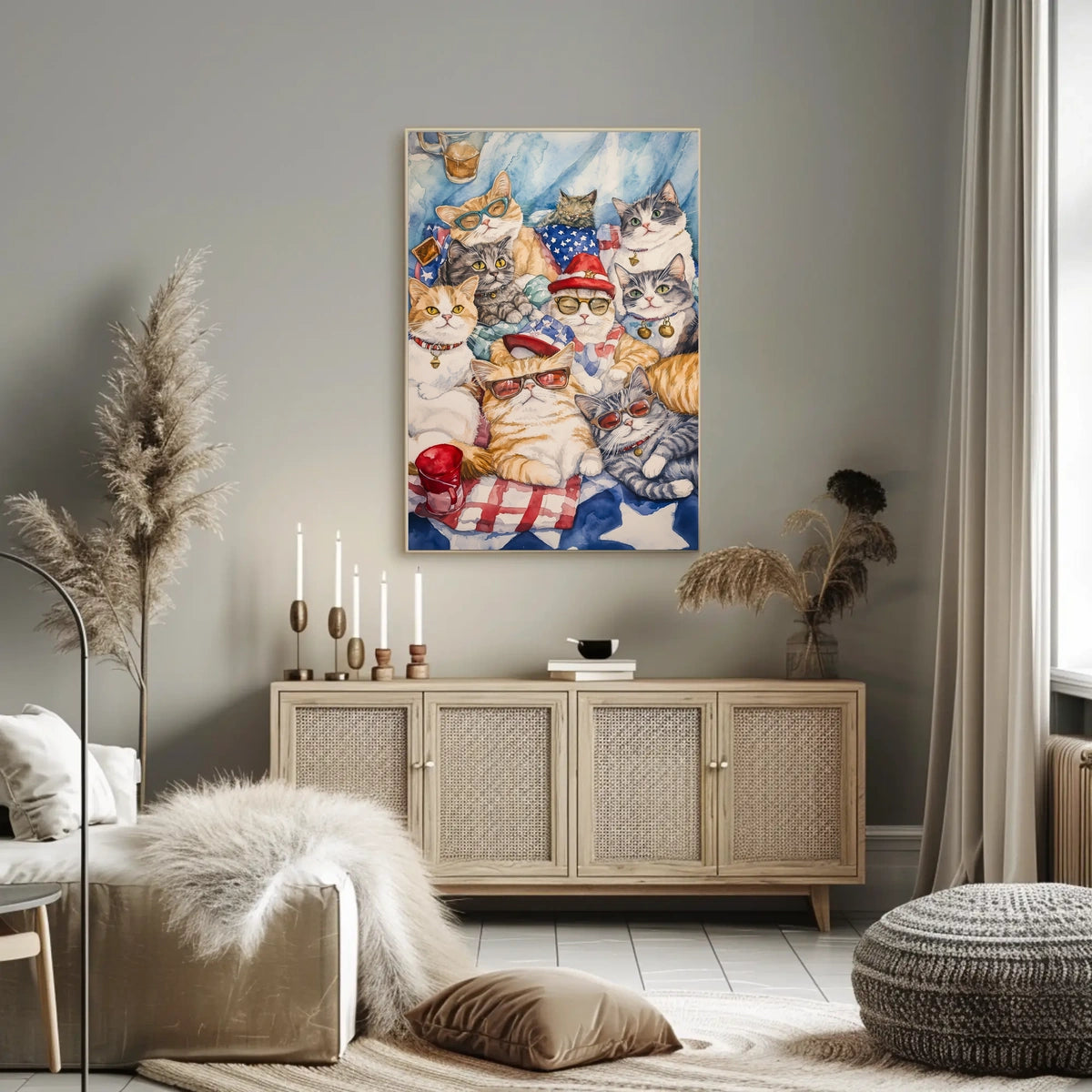 Patriotic Cats Gather On American Flag Picnic Blanket Poster