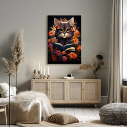 Whimsical Cat Portrait with Vibrant Floral Accents