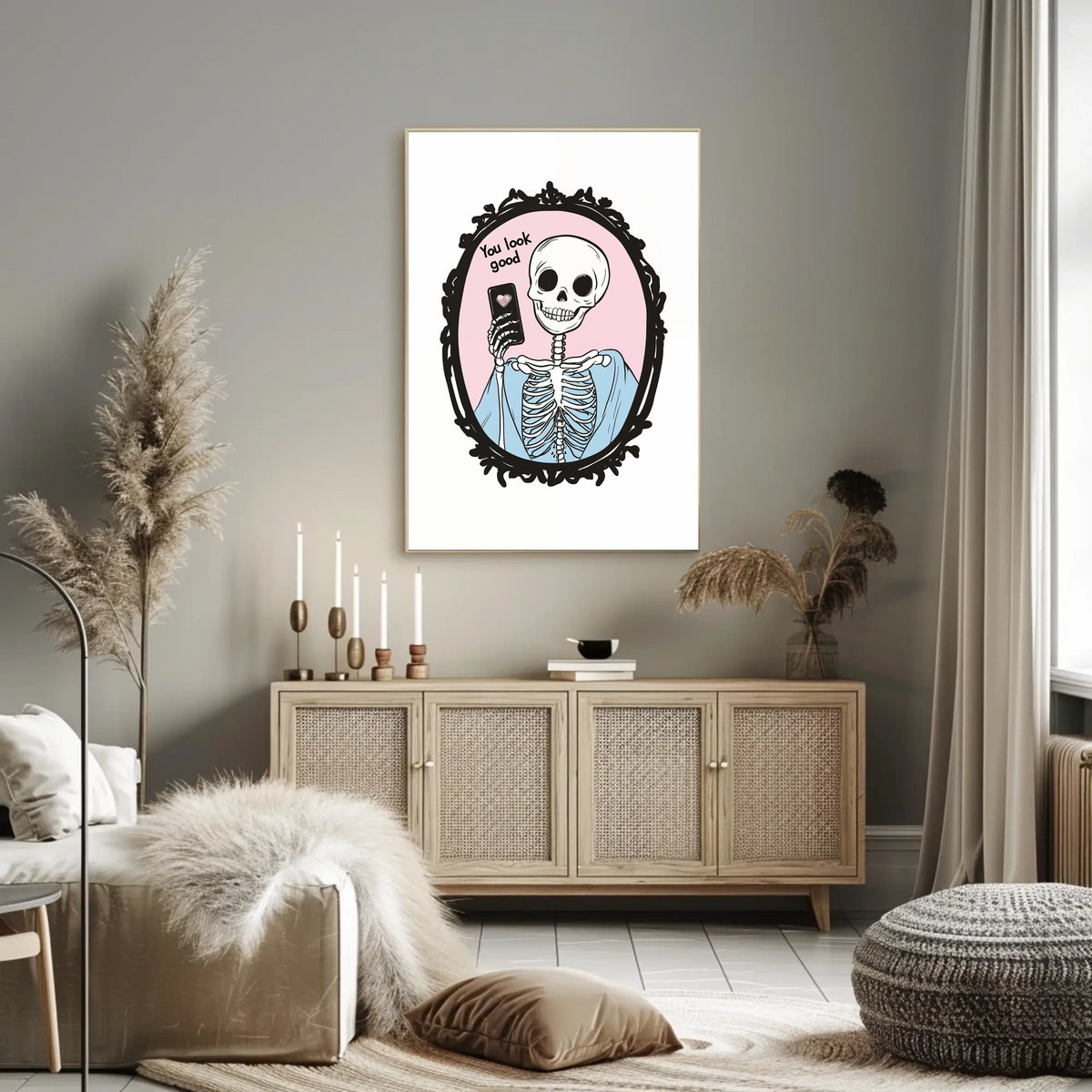 Humorous Skeleton Self-Image Cartoon Phone Heart Poster