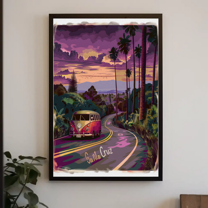 Santa Cruz Sunset Road VW Van Retro Travel Poster