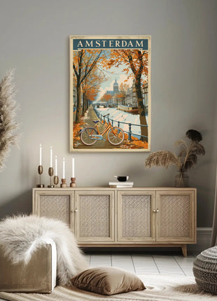 Amsterdam Autumn Canal Vintage Travel Art Poster