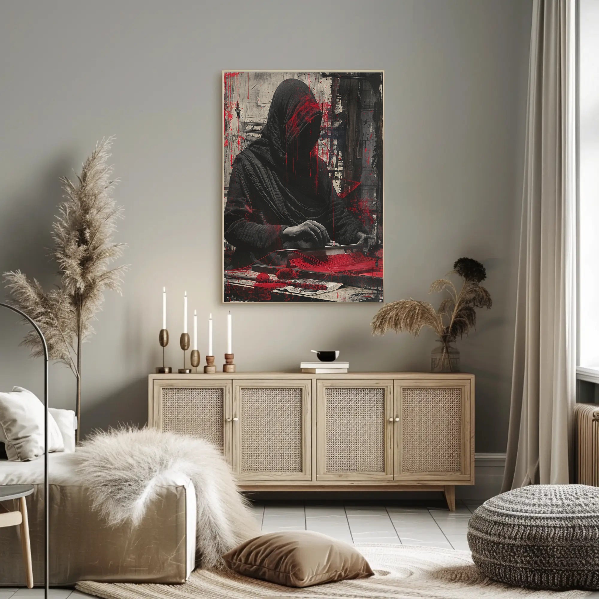 Mysterious Hooded Figure in Grayscale Artistic Poster PosterGoat