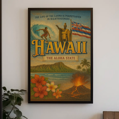 Hawaii Surf Volcano King Flag Flowers Travel Poster
