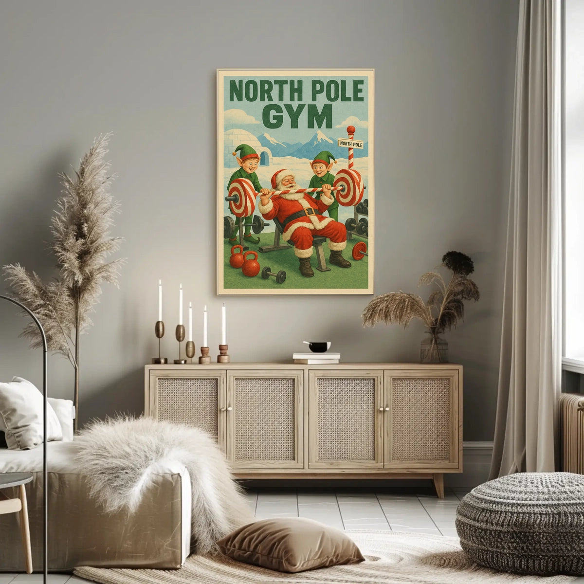 Santa Claus Weightlifting in Humorous Christmas Sports Poster