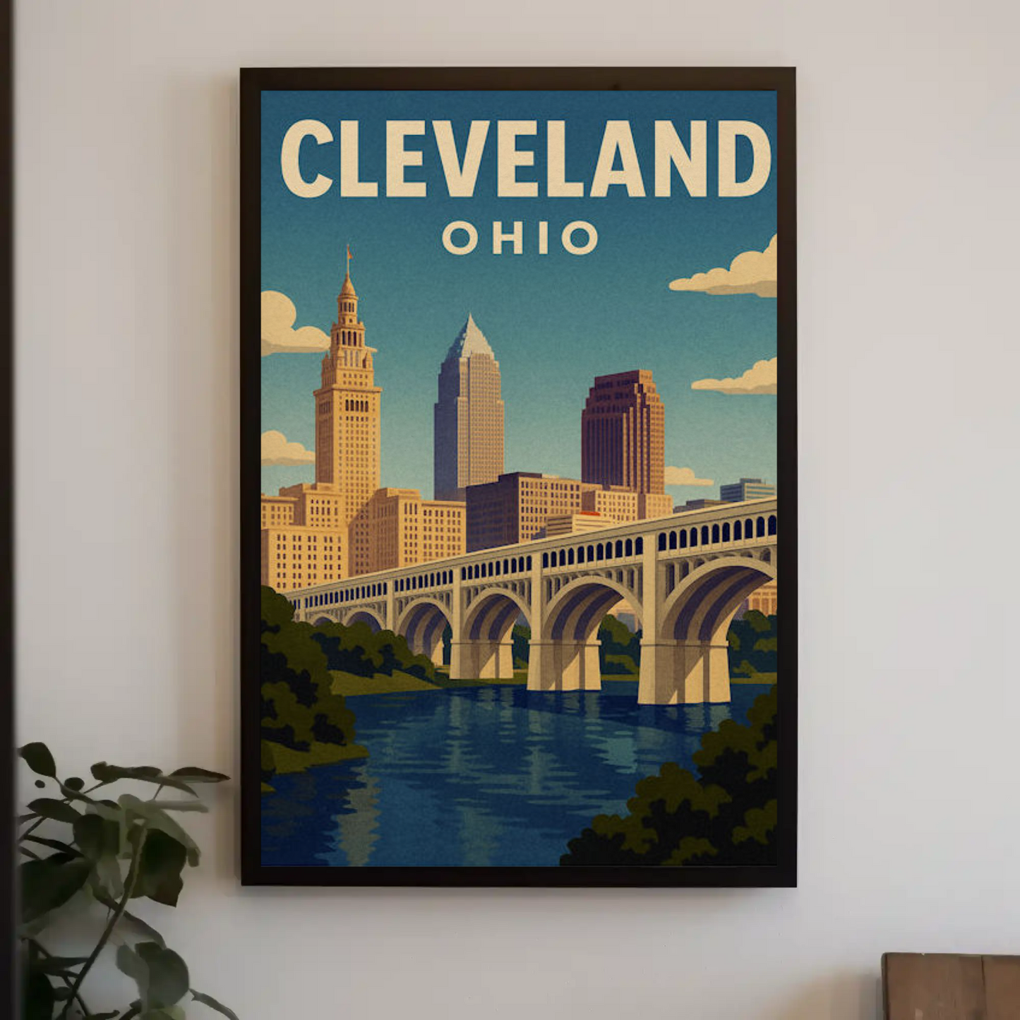 Cleveland Ohio Downtown Skyline Cuyahoga River Travel Poster