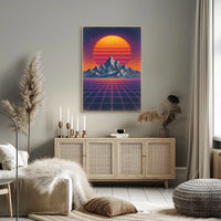 Retro Synthwave Mountain Landscape: Futuristic Sci-Fi Poster