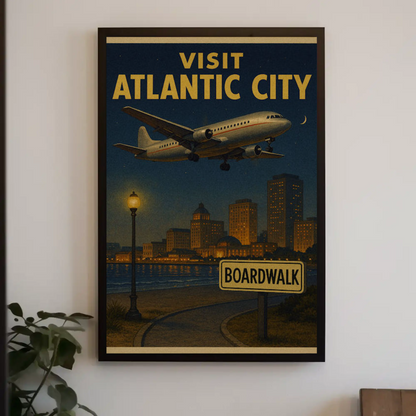 Visit Atlantic City Boardwalk Night Plane Arrival Travel Poster
