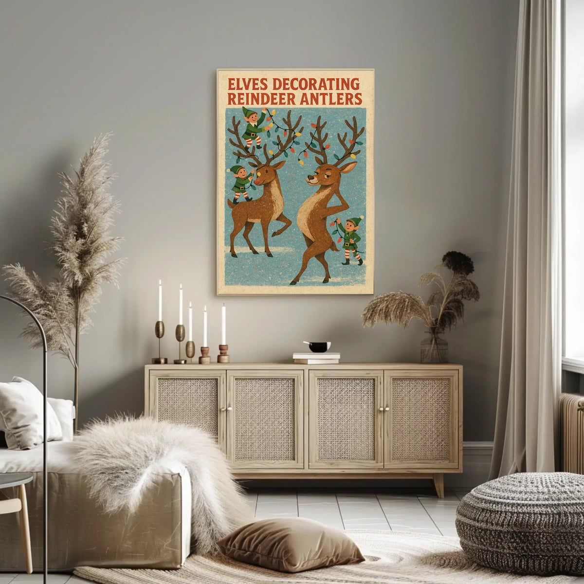 Elves Decorating Reindeer Antlers Poster