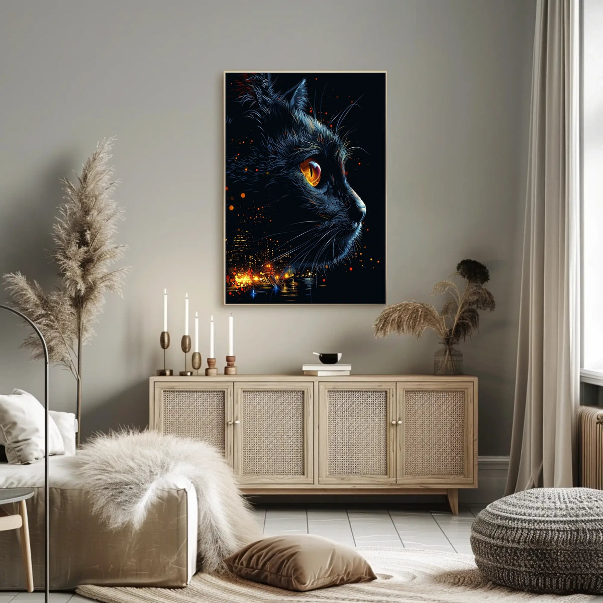 Mystical Cat with Urban Skyline Art Poster