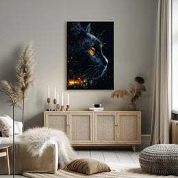 Mystical Cat with Urban Skyline Art Poster