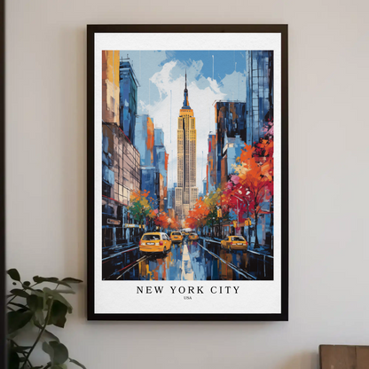 New York City Fall Taxis Empire State Building Travel Poster