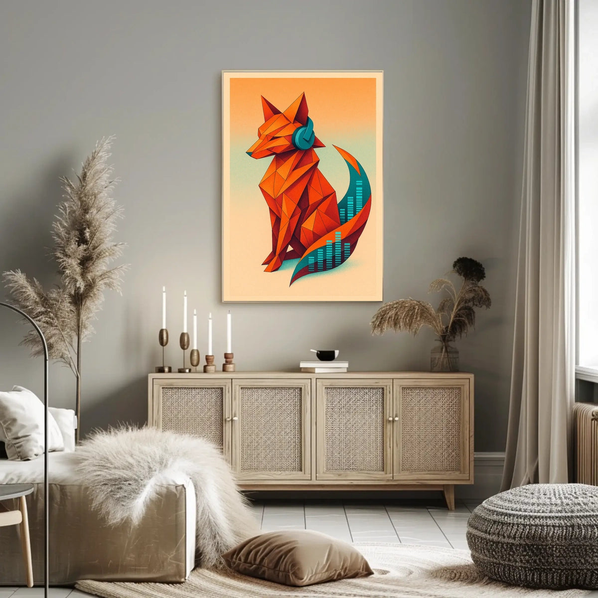 Geometric Fox With Headphones Poster