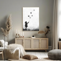 Child Releasing Star Balloons Silhouetted Artwork Poster