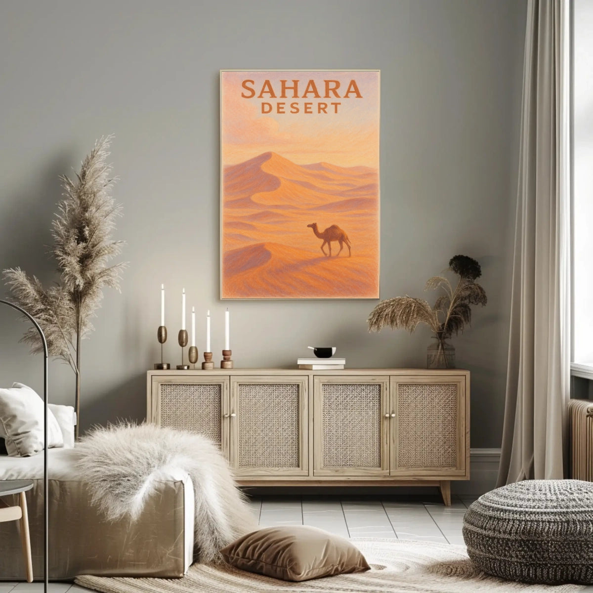 Sahara Desert Exploration Travel Retro Eighties Art Deco Camel Silhouette Golden Dunes Nostalgic Decor Poster