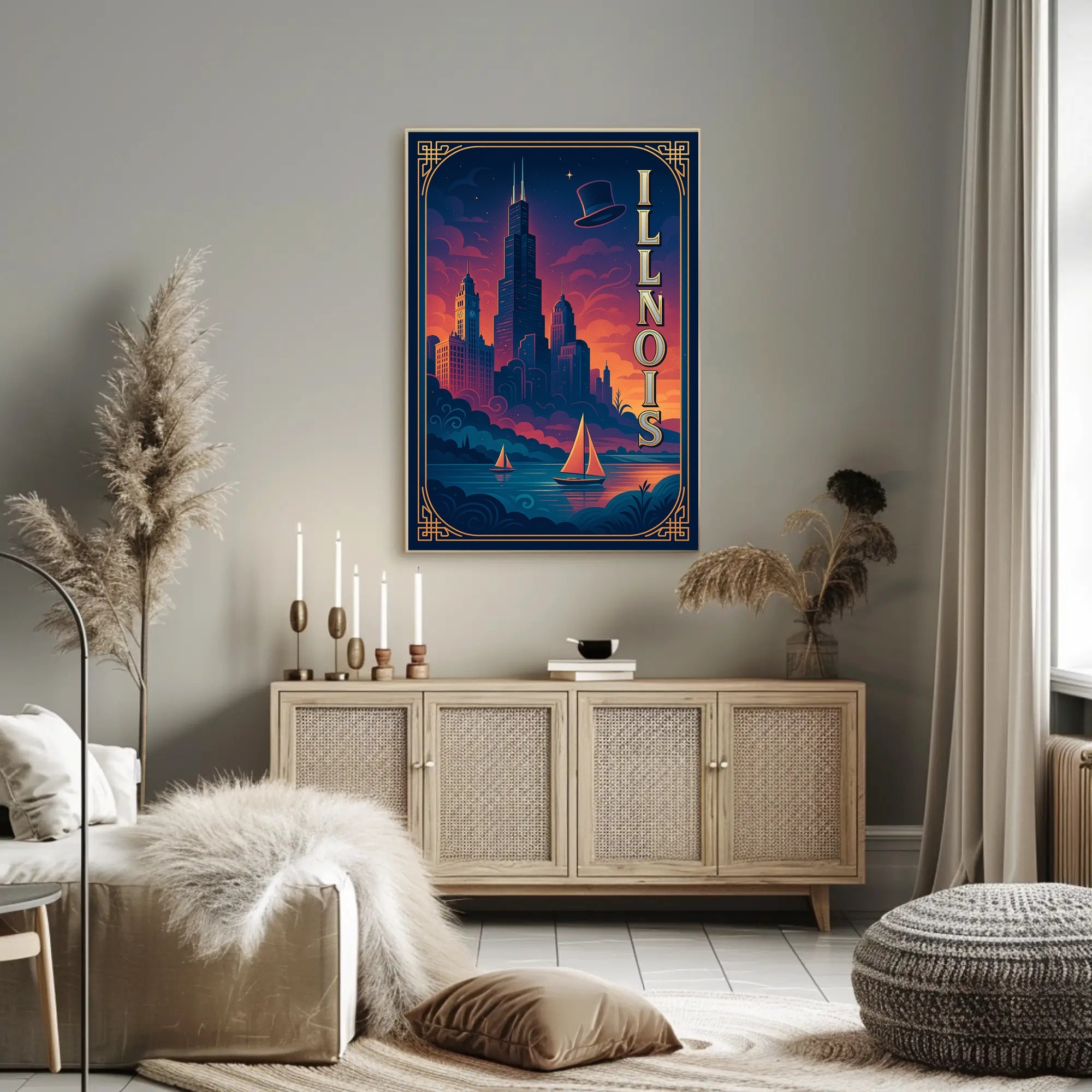 Chicago Cityscape Vintage Art Deco Travel Poster