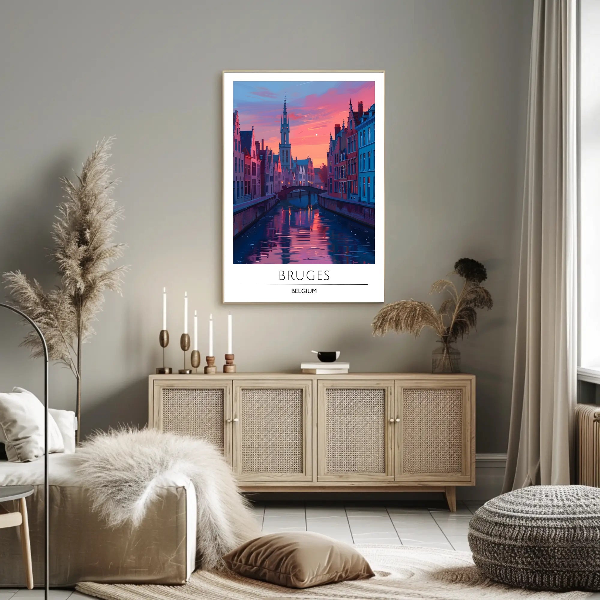 Scenic Bruges Canal Sunset Travel Poster