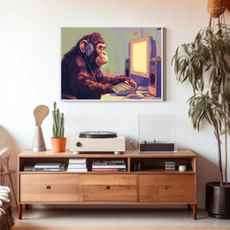 Chimpanzee with Headphones Retro Computer Poster