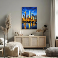 Illuminated Cityscape at Dusk Poster PosterGoat