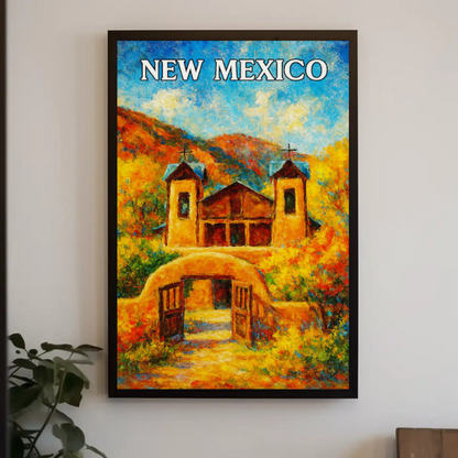 New Mexico Historic Adobe Church Autumn Colors Travel Poster