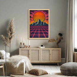 Retro-Futuristic Sunset over Mountains: Futuristic Sci-Fi Poster