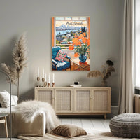 Scenic View of Auckland: Cozy Interior with Blue Armchair and Harbor Poster