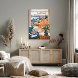 Scenic View of Auckland: Cozy Interior with Blue Armchair and Harbor Poster