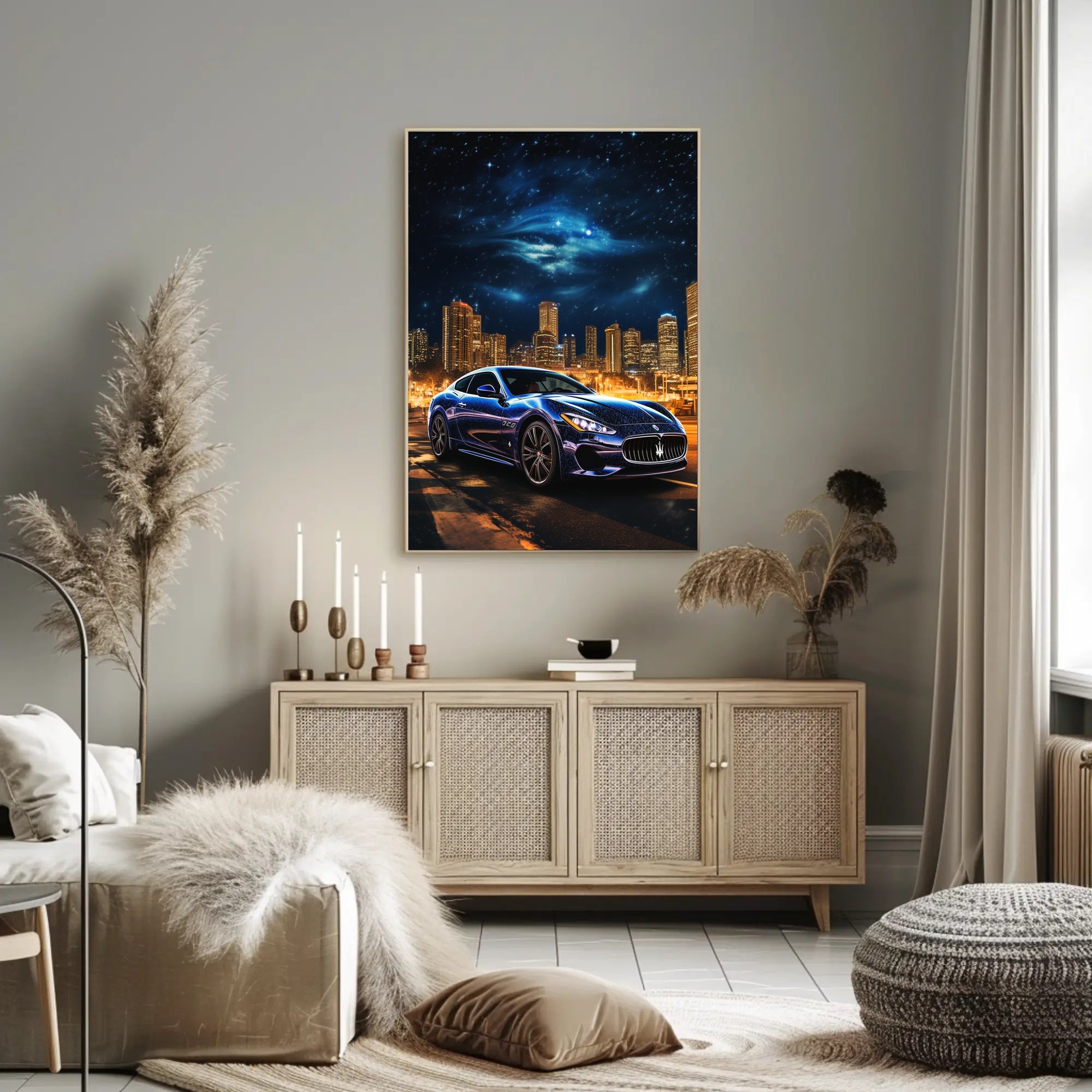 Luxury Maserati in Urban Skyline Futuristic Sci-Fi Poster