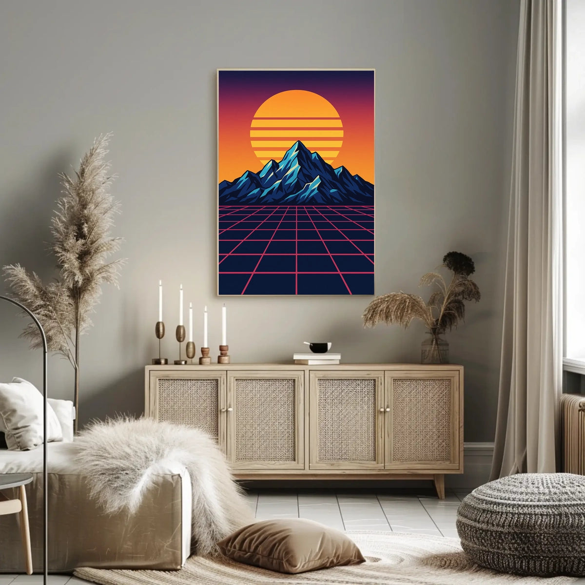 Retro-Futuristic Synthwave Sunset Art Print - Futuristic Sci-Fi Poster