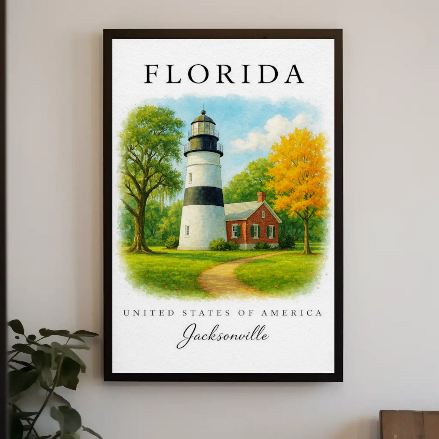 Jacksonville Florida Lighthouse Cottage Autumn Trees Travel Poster