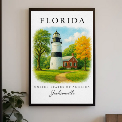 Jacksonville Florida Lighthouse Cottage Autumn Trees Travel Poster