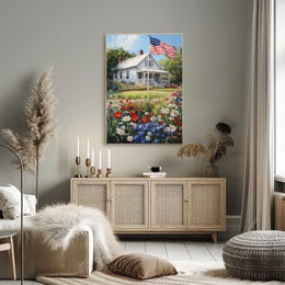 Classic White American Farmhouse With American Flag Poster