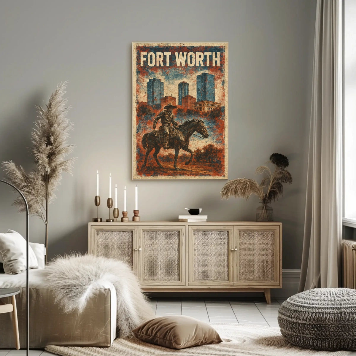 Fort Worth Cowboy Cityscape Vintage Collector Poster
