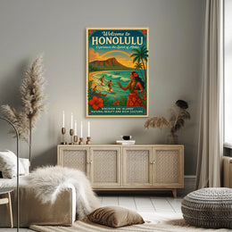 Honolulu Vintage Travel Poster Surf, Sun, Aloha Vibes
