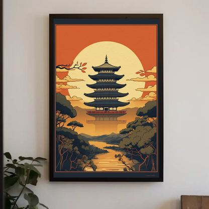 Japanese Temple Sunset Silhouette Travel Poster