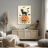 Halloween-Themed Black Cat Carved Pumpkin Bats Stars Poster