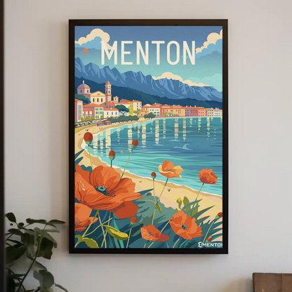 Menton France Beachfront Flowers Coastal Village Scene Travel Poster