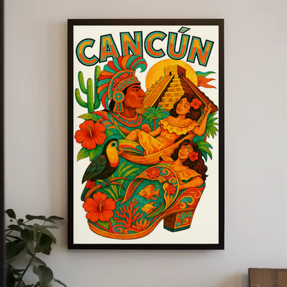 Colorful Cancun Mexico Ancient Culture Travel Poster