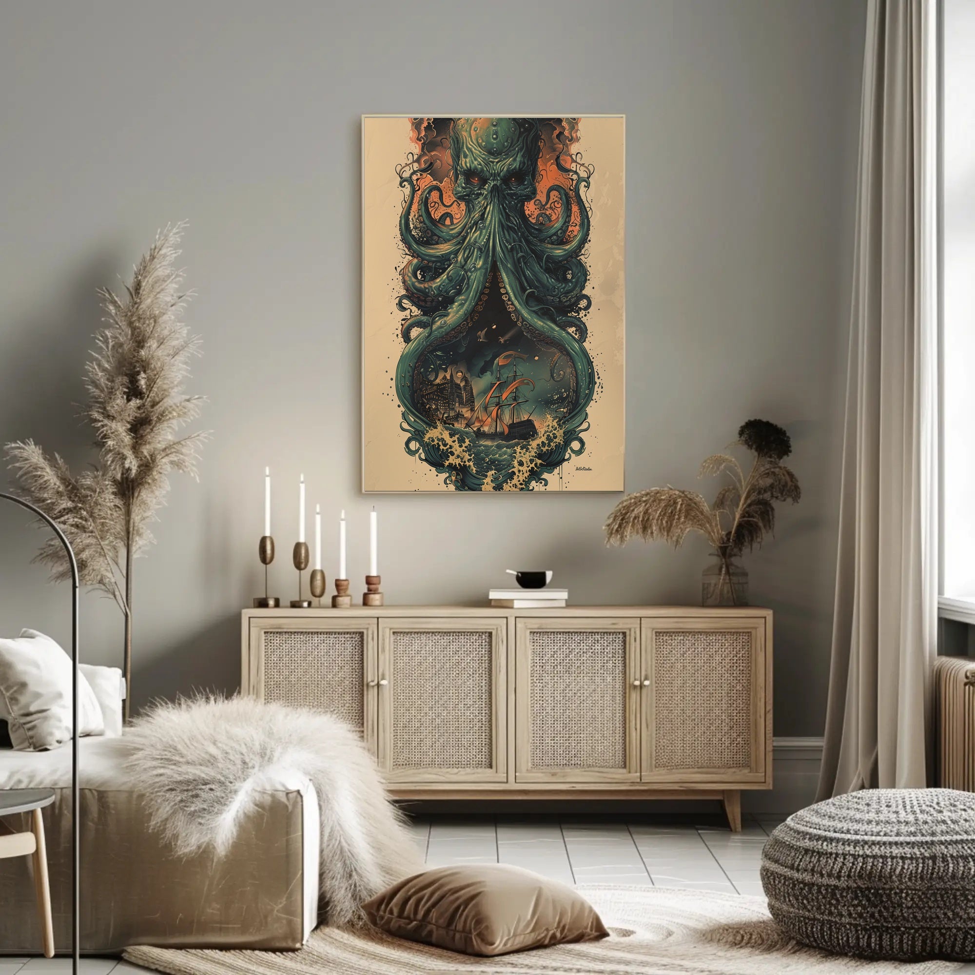 The Kraken Awakens Art Print Poster for Home Decor and Wanderlust Enthusiasts PosterGoat