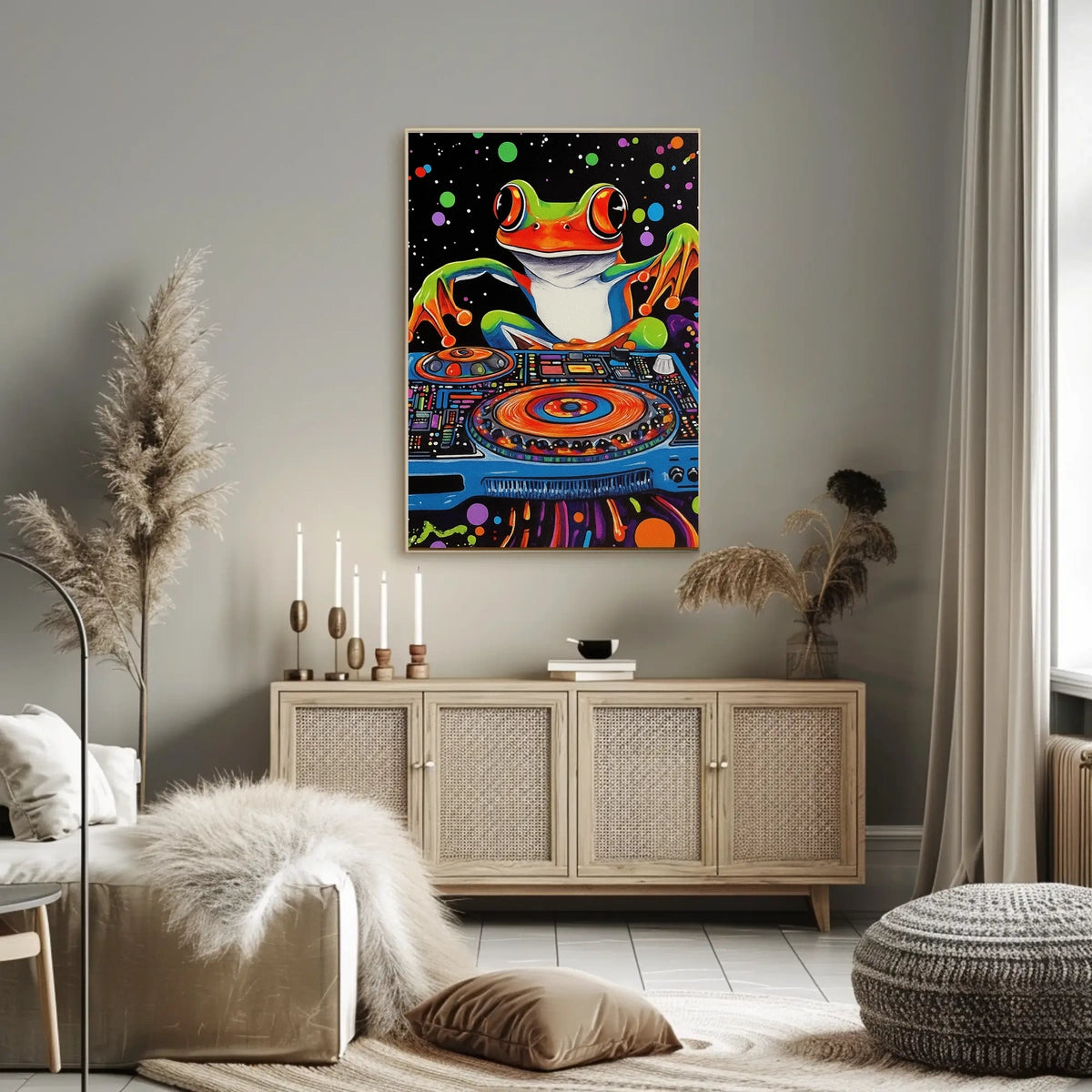 Colorful Frog DJ Vibes in Psychedelic Abstract Poster