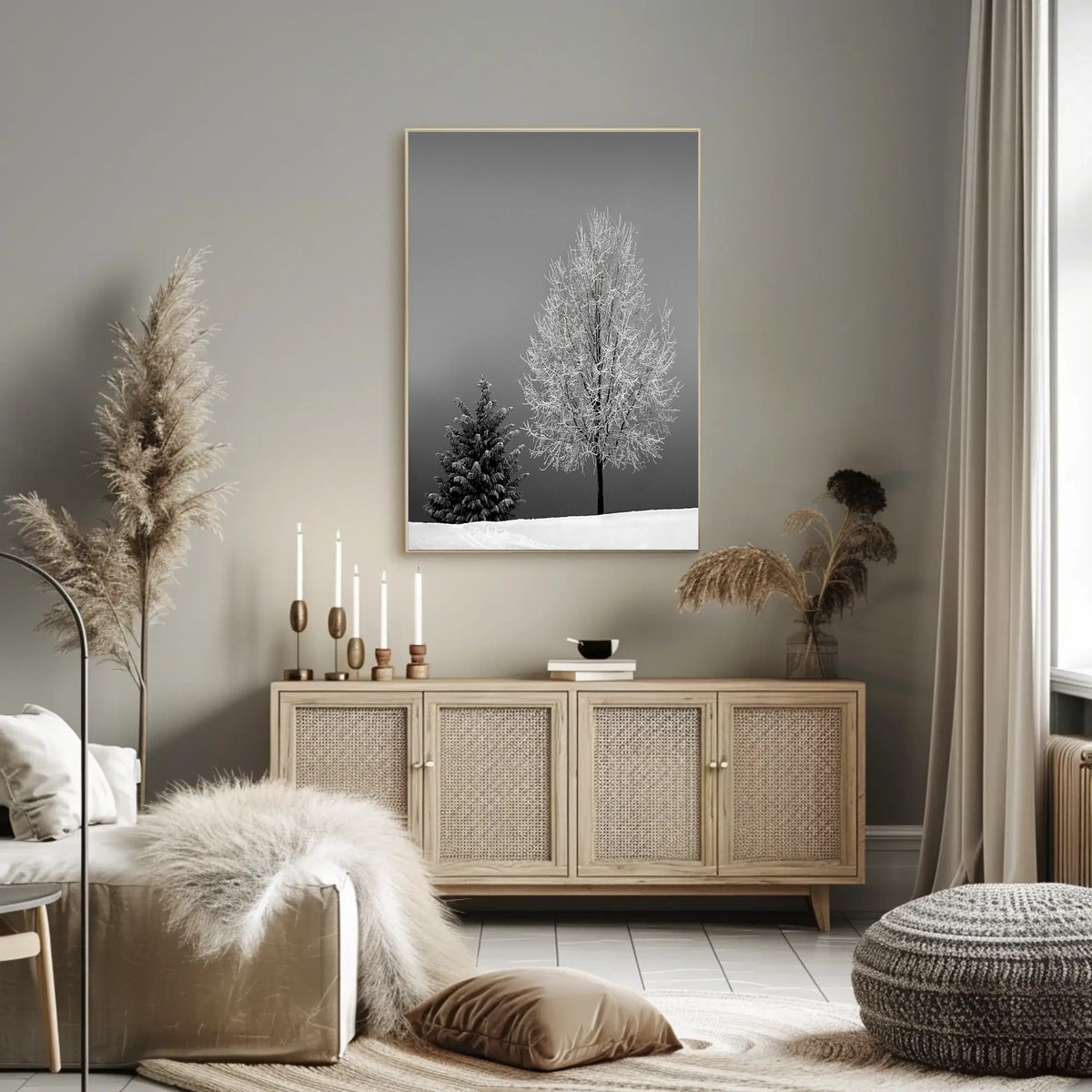 Serene Winter Landscape: Minimalist Black and White Artistic Poster