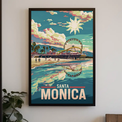 Santa Monica Reflection Ferris Wheel Beachfront Sunset Travel Poster