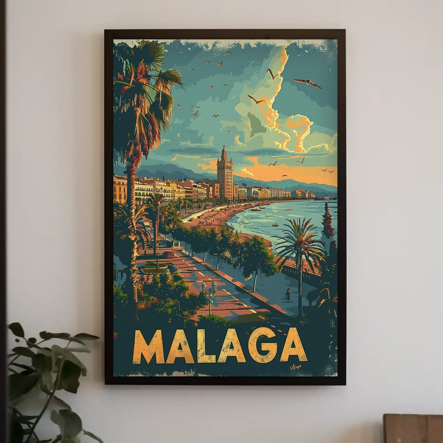 Malaga Sunset Beach Promenade Travel Poster