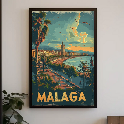 Malaga Sunset Beach Promenade Travel Poster