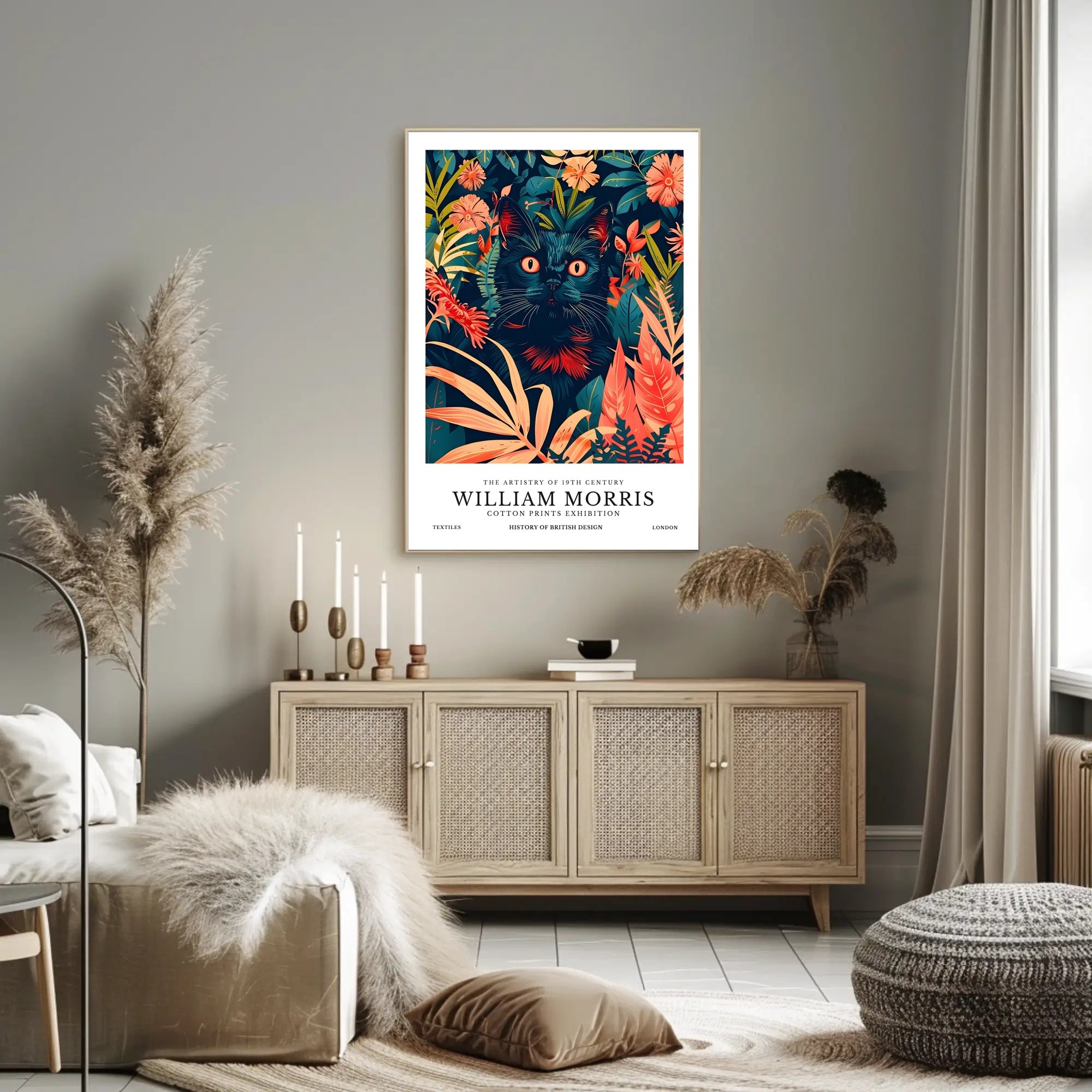 Black Cat in Botanical Wonderland: Artistic Poster