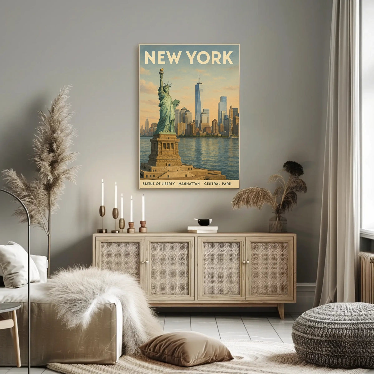 New York City Skyline Cityscape Poster Vintage Wall Art