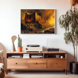 Ancient Temple Ablaze: Mythical Destruction Art Poster