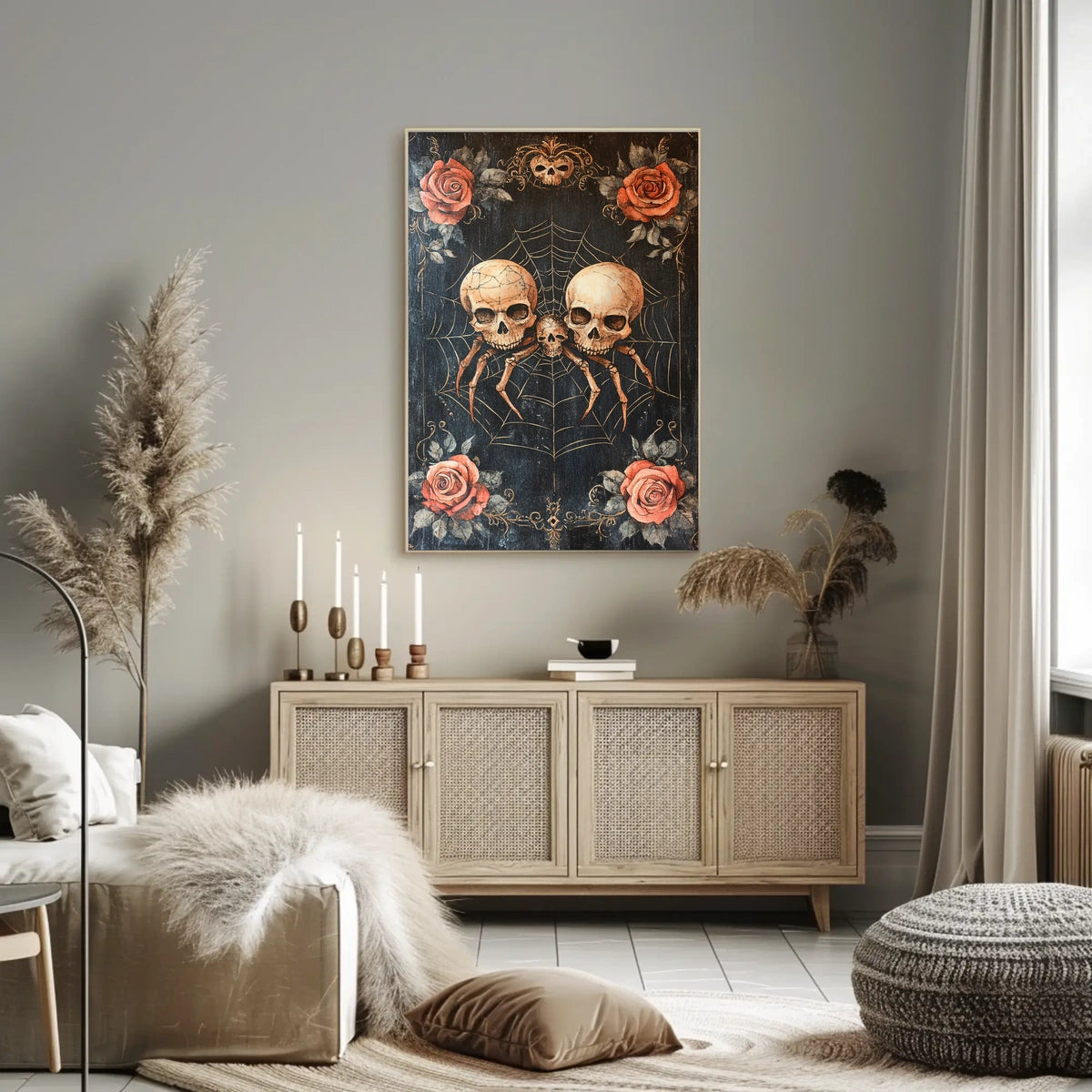 Macabre Gothic Skulls with Roses Artistic Pop Culture Poster