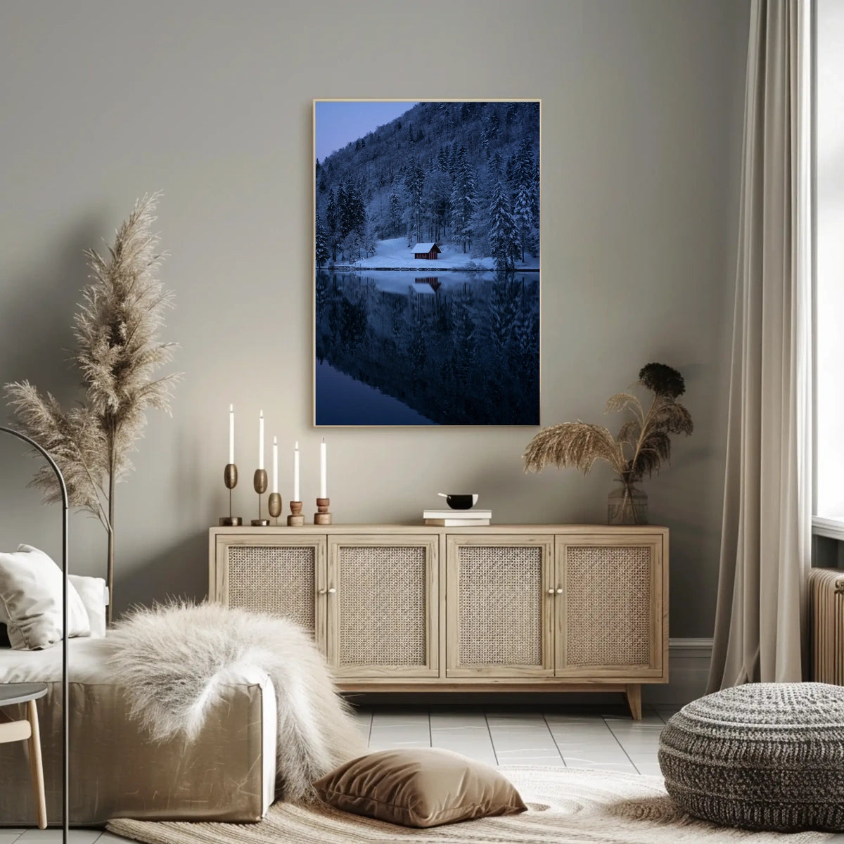 Tranquil Winter Scene with Snowy Cabin National Park Poster