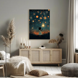 Young Girl Holding Sparkler Under Firework Sky Poster